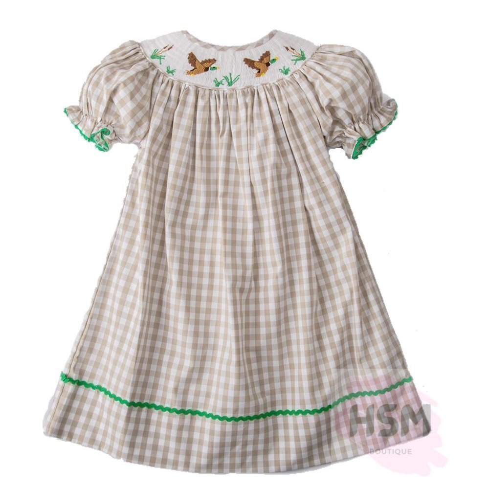 Plaid Embroidered Smocked Mallard Duck Bishop Dress Tan 1622